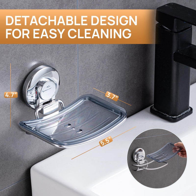 LEVERLOC Chrome Suction Cup Soap Dish Holder for Shower Wall Drill-Free Rustproof Waterproof Wall Mount Strong Suction Removable Bar Soap Sponge Holder for Bathroom Bathtub Kitchen - Image 4